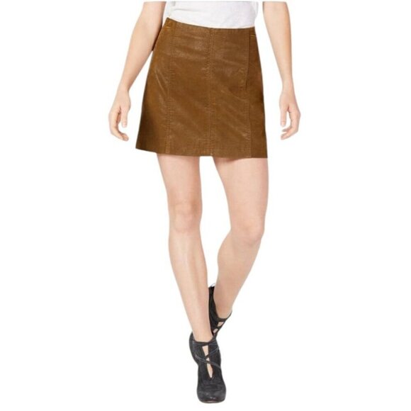 Free People Skirt Women 6 Brown Olive‎ Modern Femme Vegan Leather A Line Mini - Picture 1 of 11